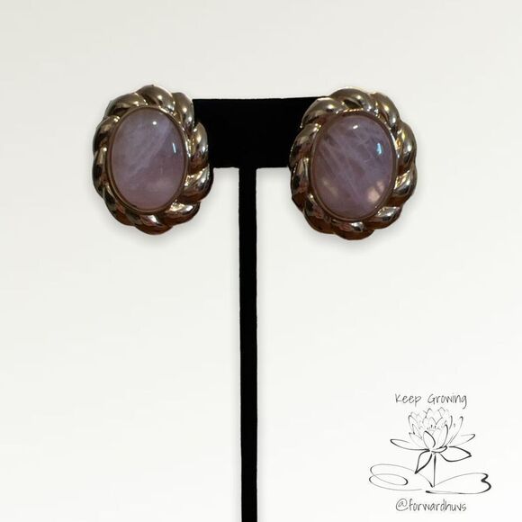 Vintage Rose Quartz Gold Tone Oval Clip On Non Pierced Earrings - Picture 3 of 10